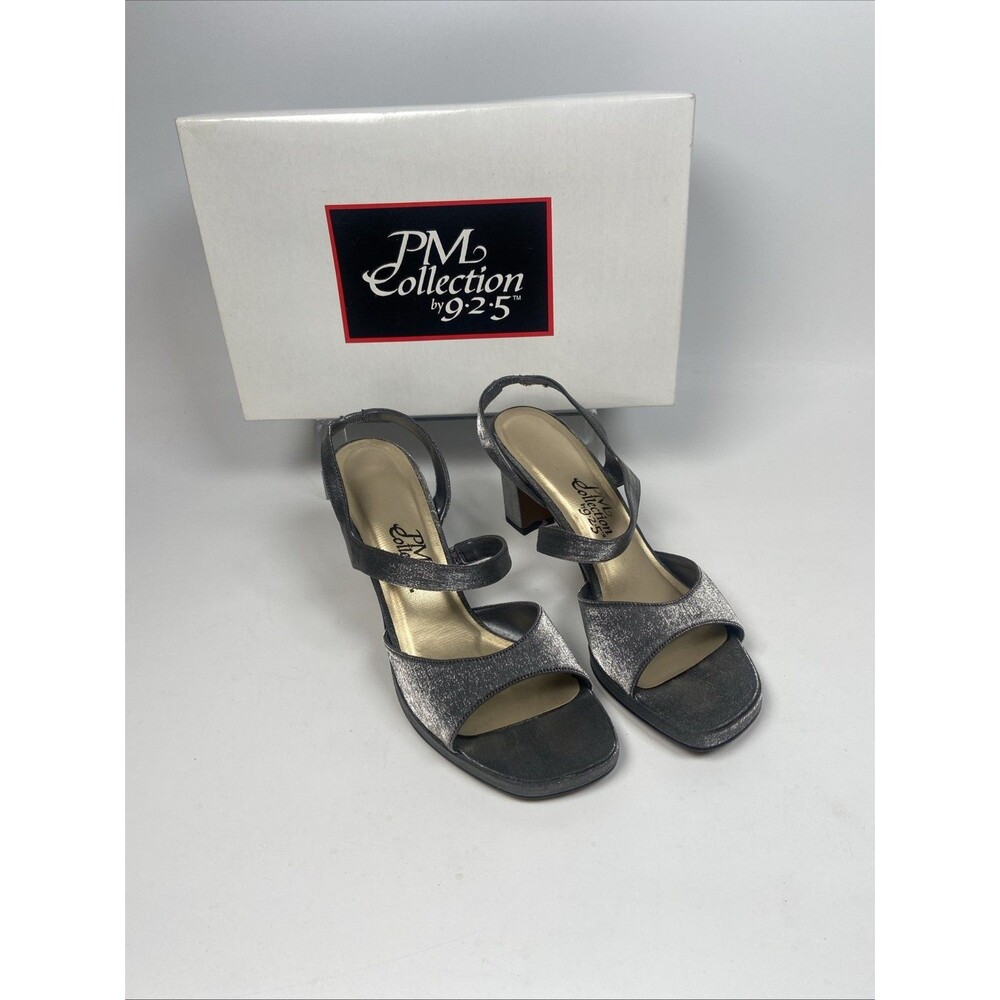 PM Collection by 925 Pewter Metallic Slingback Strappy Heels Sandals Size 9.5 M